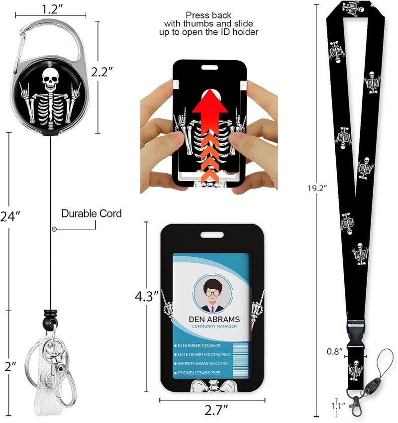 Piefly Lanyards for Id Badges, Funny Badge Holder with Retractable Badge Reel Clip, Skull Skeleton Rock Work Name Tag Keychain Lanyard Vertical ID Card Protector for Women Nurse Doctor Teacher Student - Image 5